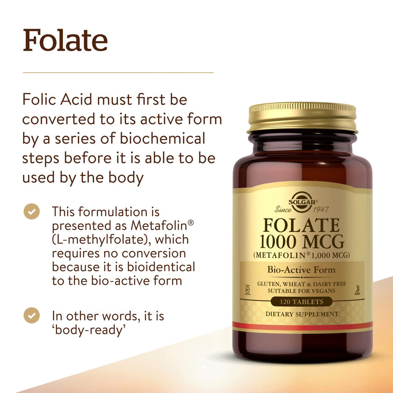 [Australia] - Solgar Folate 1000 mcg, 120 Tablets - 1000 mcg Bio-active Metafolin - Heart Health - Vegan, Gluten Free, Dairy Free, Kosher - 120 Servings 