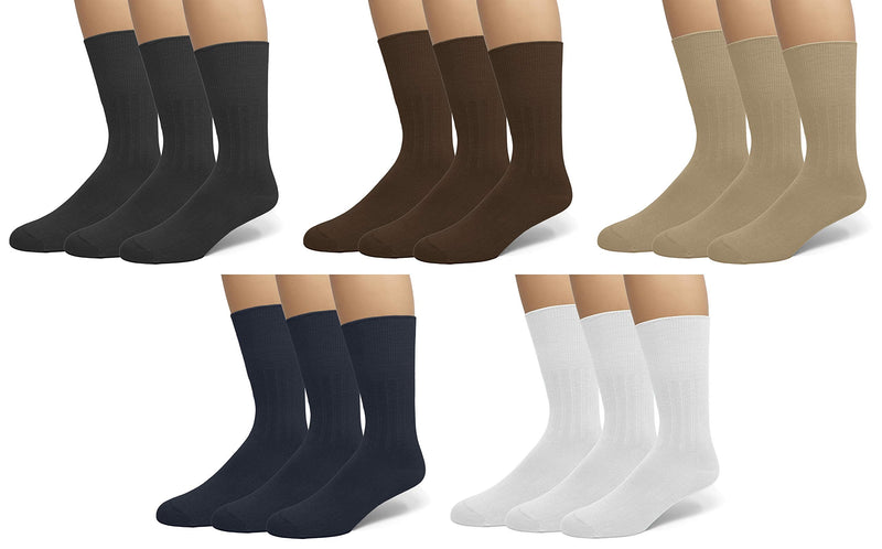 [Australia] - EMEM Apparel Men's Diabetic Dress Crew Cotton Socks | Non-Binding Loose Top | Seamless Toe | 3-Pair | Big and Tall Available 13-15 Big Tall Khaki, 3-pack 