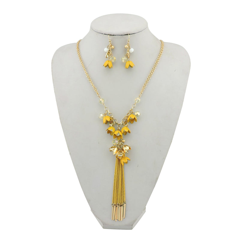 [Australia] - Bocar Long 2 Layer Chain Unique Flower Pendant Tassels Necklace Earrings Women Jewelry Set yolk yellow 