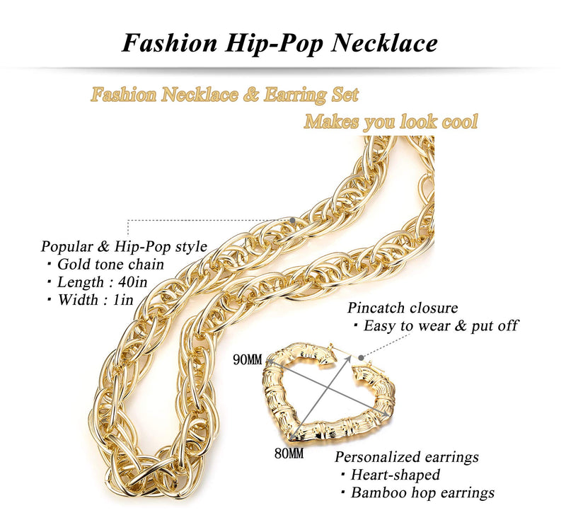 [Australia] - Hanpabum Gold Plated Chunky Rope Chain Necklace and Large Hollow Casting Bamboo Hoop Earrings Set for Men Women Costume Jewelry Punk Hip Hop Rapper Style Heart Shape 