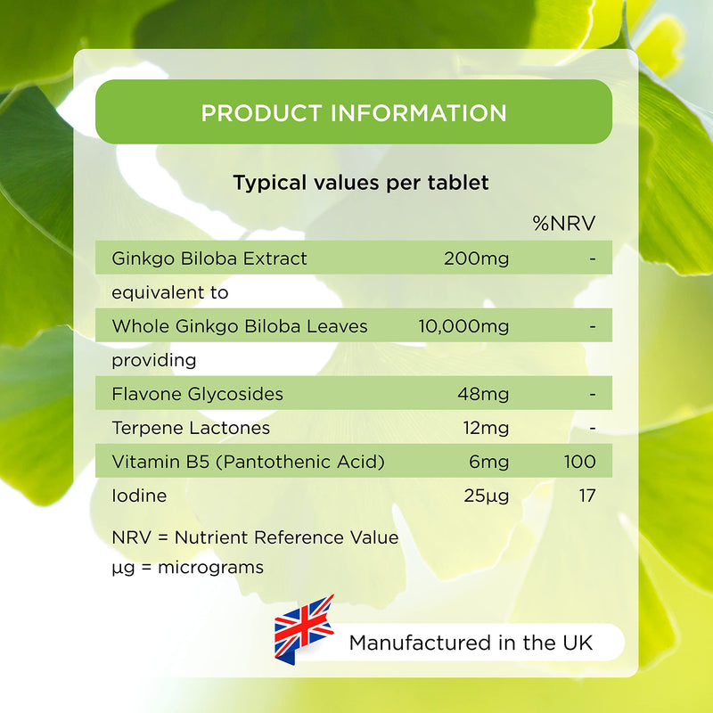 [Australia] - Healthspan Ginkgo Biloba 10,000 (120 Tablets) | Maximum Strength Ginkgo Extract | for Cognitive & Mental Function | Added Iodine & Vitamin B5 | Supports Energy | Vegan 