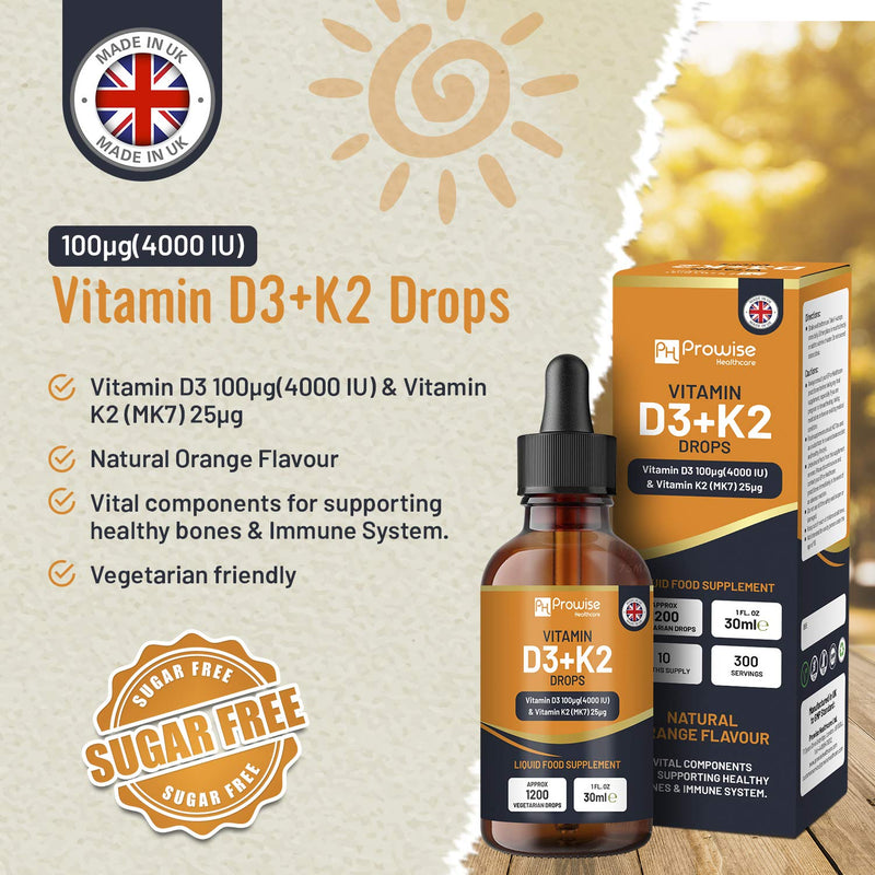 [Australia] - Vitamin D3 4000iu + K2 MK7 25�g I Orange Liquid Drops I High Strength 4000iu D3 + 25�g K2-30ml Bottle I Fast Absorption I 1200 Vegetarian Drops - Made in UK by Prowise Healthcare 