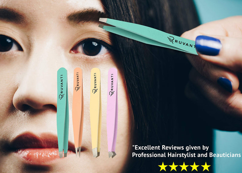 [Australia] - Ruvanti-4 Piece Professional Stainless Steel Tweezers Set- Eyebrow Tweezer, Slant tip,Pointed & Straight Tweezers Best Precision for Facial & Ingrown Hairs Plucking, Splinter and Hair Removal (Multi) Multi 