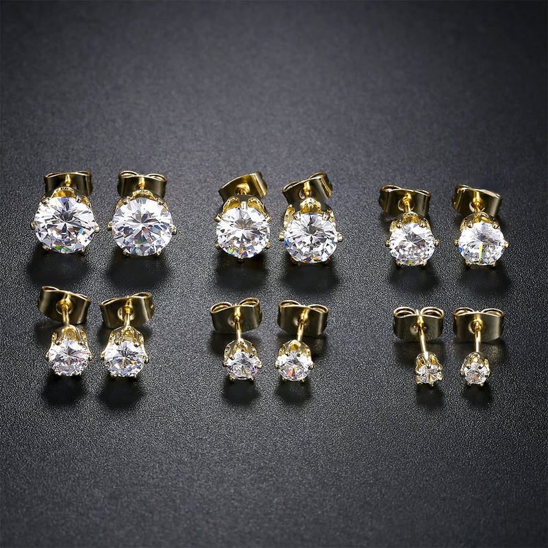 [Australia] - GEMSME 18K Yellow Gold Plated Round Cubic Zirconia Stud Earrings Pack of 6 
