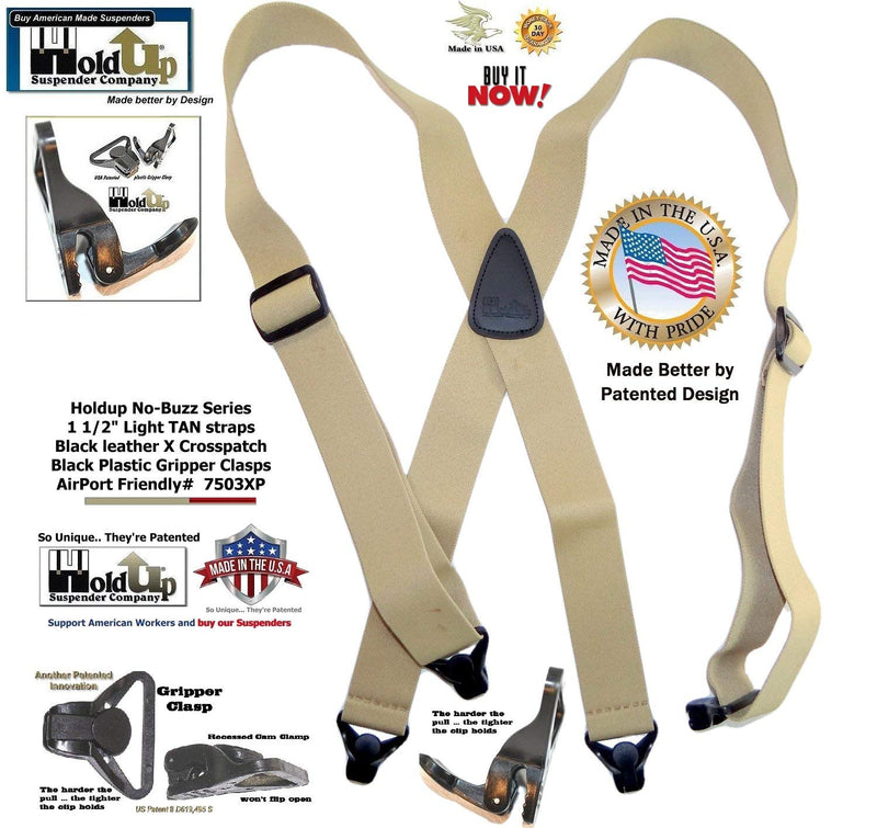 [Australia] - Holdup Suspender Brand No-buzz Series Airport Friendly light TAN Suspenders with black leather X-Back Crosspatch and Patented Gripper Clasps 