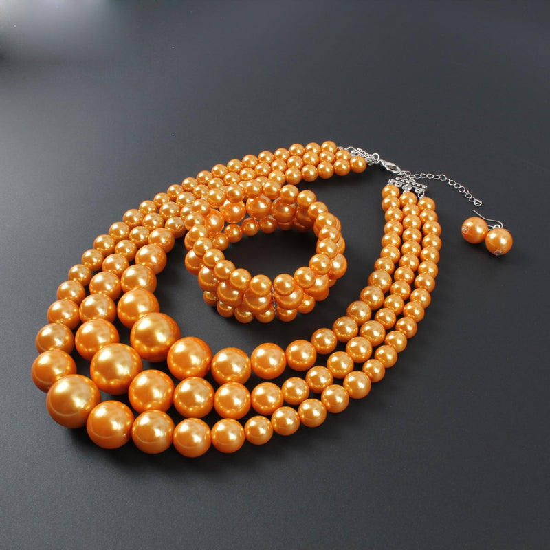 [Australia] - KOSMOS-LI Large Pearl Jewelry Set Pearl Statement 18" Necklace Bracelet and Earrings orange 