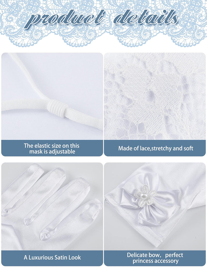 [Australia] - Yahenda 2 Pieces Girls First Communion Gloves Princess Gloves White Short Gloves with Bows and Communion Lace Face Covering Floral Cloth Mouth Cover for Kids Party Wedding 