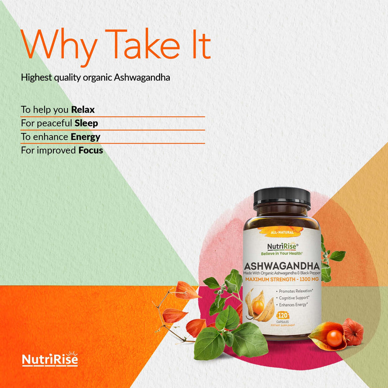 [Australia] - Organic Ashwagandha Capsules - High Potency 1300 mg: Ultimate Natural Sleep Support, Immune Support, Focus, and Energy Supplement with Black Pepper for Wellbeing and Vitality 
