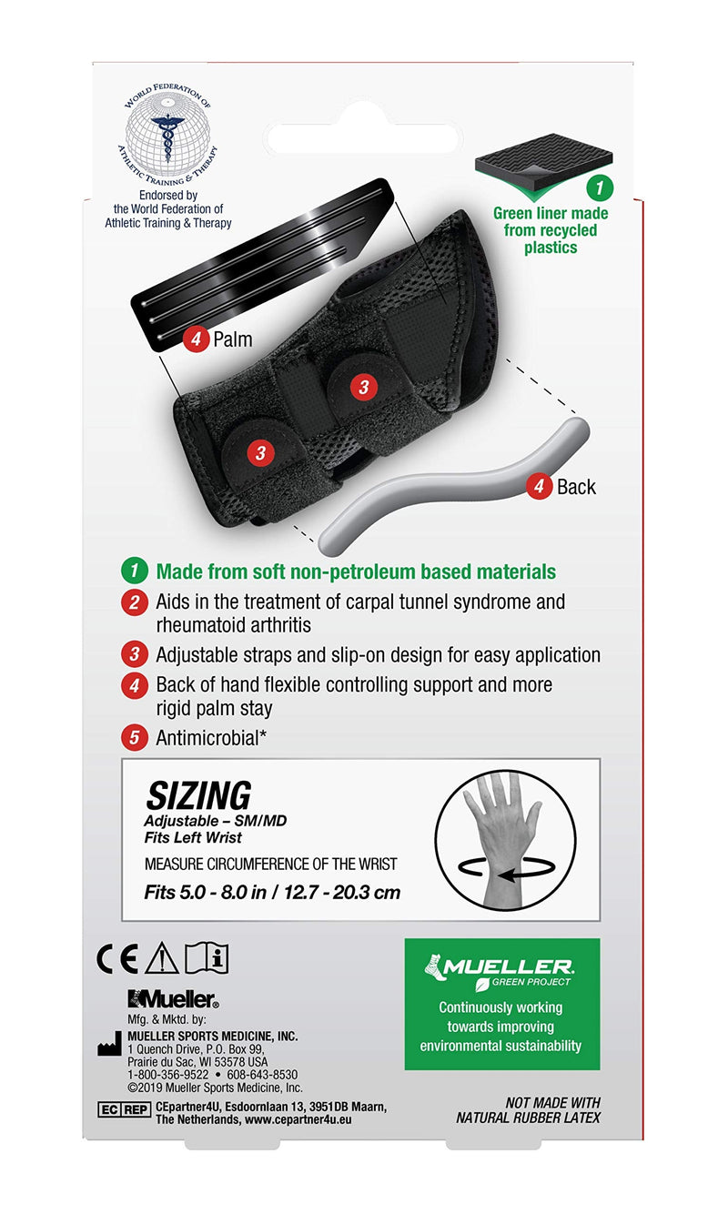 [Australia] - MUELLER Green Fitted Wrist Brace, Left Hand, Small/Medium (5-8), Black Small/Medium (Pack of 1) 