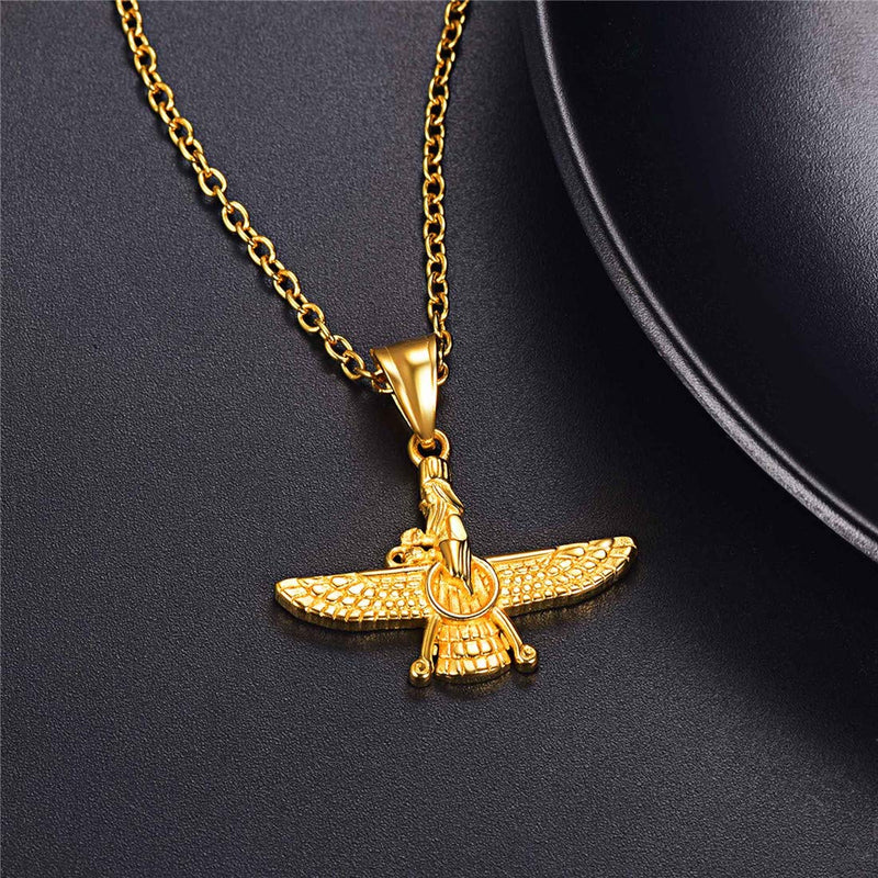 [Australia] - U7 Farvahar Pendant Chain Stainless/Black Gun/18K Gold Plated Symbol Iran Persian Gift Necklace, Customizable Small Farvahar Gold Tone 