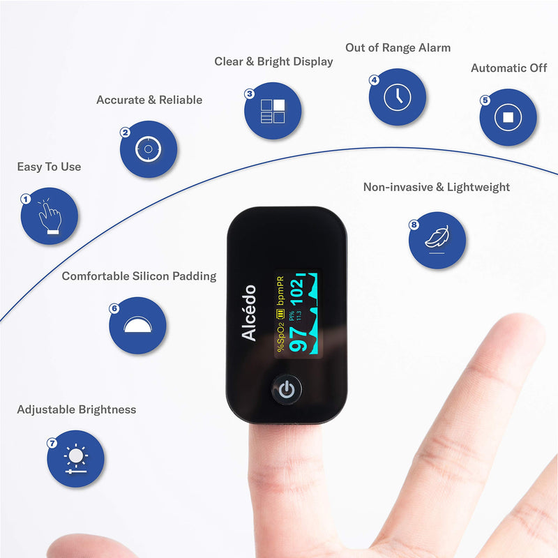 [Australia] - Alcedo Pulse Oximeter Fingertip Blood Oxygen Saturation Level (SpO2) and Heart Rate Monitor | Dual Color OLED Display | Portable Carry Case, Lanyard, Batteries 