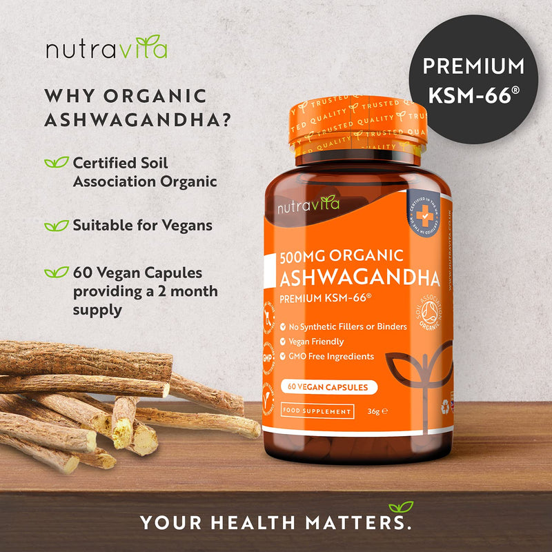 [Australia] - Organic Ashwagandha KSM-66® with 5% Withanolides - Vegan Friendly with The Highest Concentration Most Bioavailable Full-Spectrum Root Powder - Made in The UK by Nutravita 60 Count (Pack of 1) 