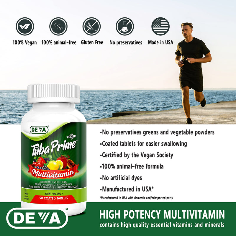 [Australia] - Deva Tuba Prime Vegan Multivitamin - High-Potency Vitamin and Mineral Dietary Supplement - Antioxidants, Fruit and Vegetable Blend, Super Mushrooms, Probiotics, Prebiotics, Seeds, Herbs - 90 Tablets Premium-Multivitamin 