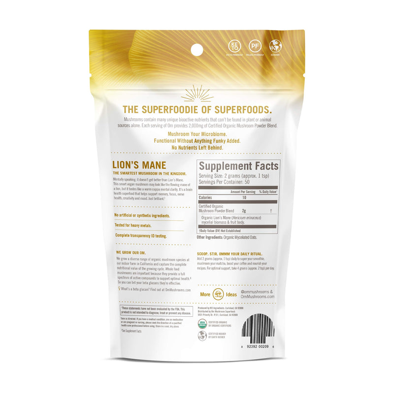 [Australia] - Om Mushroom Superfood Lion's Mane Organic Mushroom Powder, 3.5 Ounce, 50 Servings, Fruit Body and Mycelium Nootropic for Memory Support, Focus, Clarity, Nerve Health, Creativity and Mood Lion's Mane Powder 3.5 Ounce (Pack of 1) 