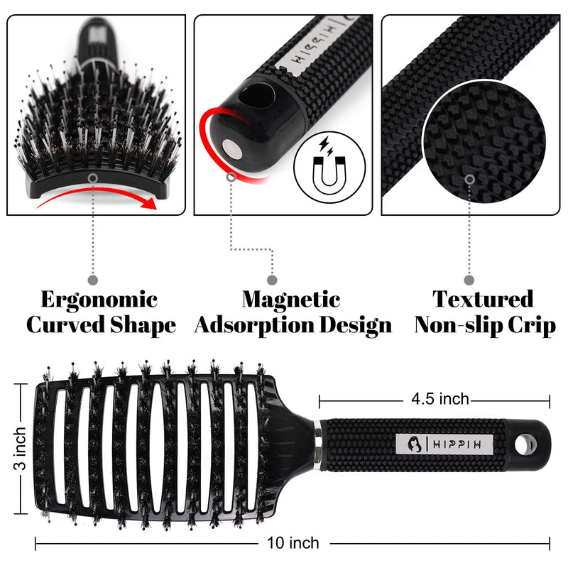 [Australia] - Boar Hair Brushes 2 Pack, Suitable for Men, Women & Kids’ Long Curly Wet or Dry Hair, HIPPIH Hairbrush for Thick Hair Can Adds Shine and Makes Hair Smooth Black and Brown 