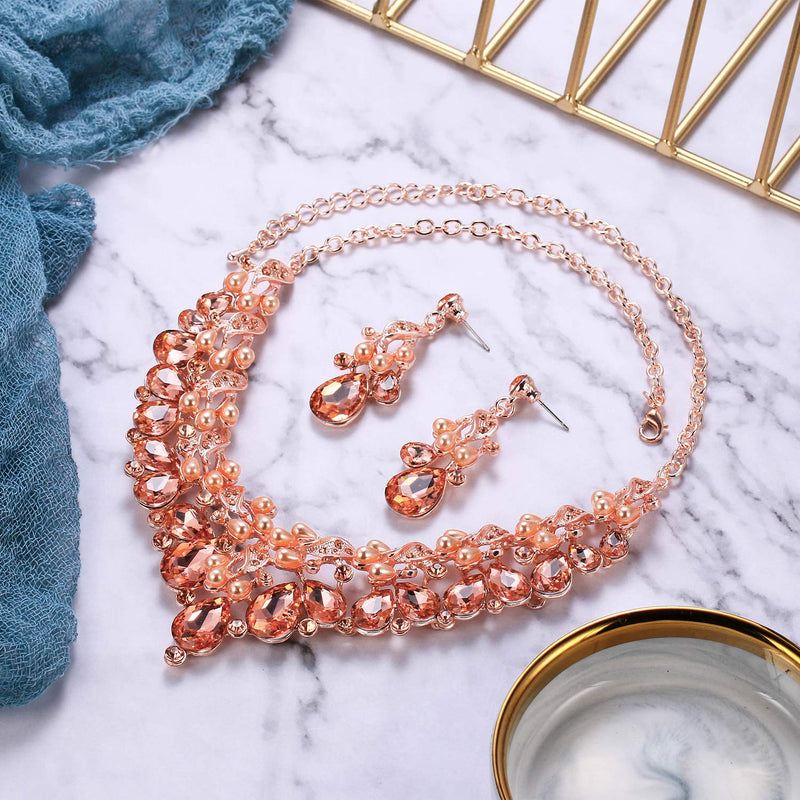 [Australia] - BriLove Wedding Jewelry Sets for Brides Rhinestone Simulated Pearl Teardrop Cluster Statement Necklace Dangle Earrings Peach Morganite Color Rose-Gold-Tone 