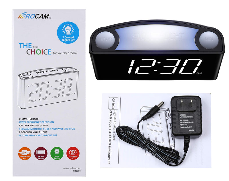 [Australia] - Rocam Alarm Clock for Bedrooms - Large 6.5" LED Display with Dimmer, Snooze, 7 Color Night Light, Easy to Set, USB Chargers, Battery Backup, 12/24 Hours for Heavy Sleepers, Kids, Boys, Girls, Elderly White 