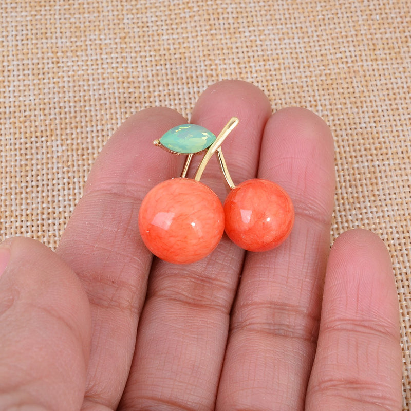 [Australia] - Fenni Cute Red Natural Gemstone Cherry Brooch Pin Crystal CZ Leaf Lapel Pin Party Holiday Jewelry Coral 