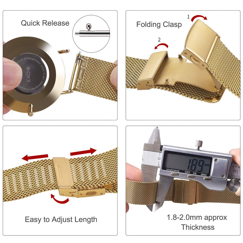 [Australia] - EACHE Stainless Steel Mesh Watch Band for Mens Women, Quick Release Mesh Watch Straps 12mm 14mm 16mm 18mm 20mm 22mm Gold 