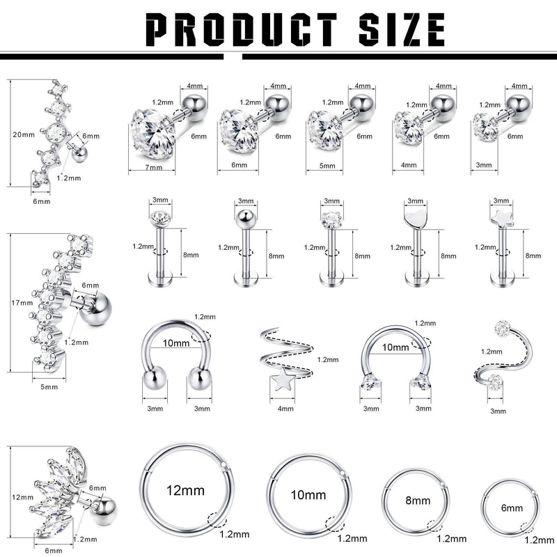 [Australia] - Milacolato 21Pcs Stainless Steel Piercing Earrings Cartilage Ear Clicker Hoops for Women Girls Tragus Helix Conch Piercing Studs Nose Lip Clicker Ring CZ Barbell Stud Piercings Jewellery 16G Sliver Tone 