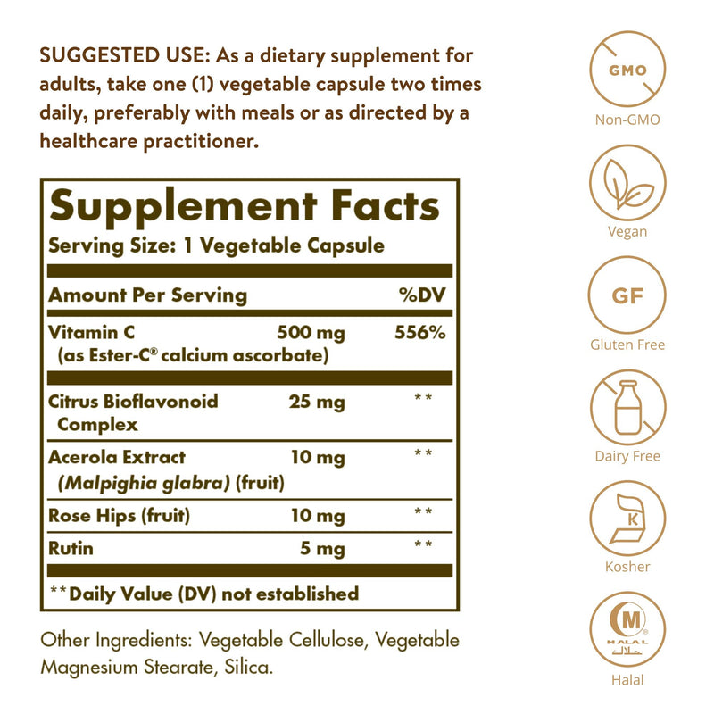 [Australia] - Solgar Ester-C Plus 500 mg Vitamin C (Ascorbate Complex) - Gentle & Non Acidic - Antioxidant & Immune Support - 100 Vegetable Capsules (100 Servings) 100 Count (Pack of 1) 