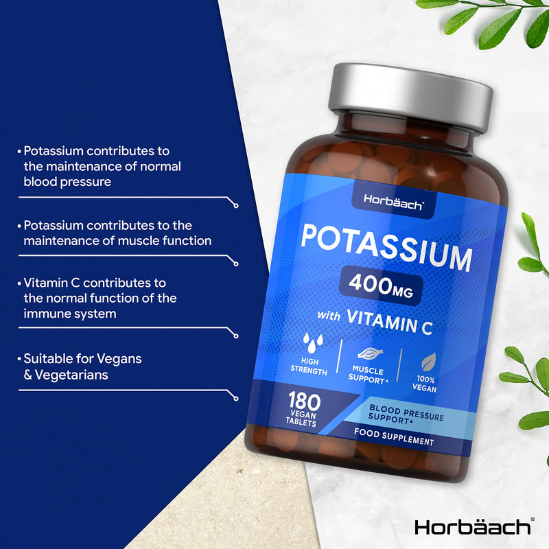 [Australia] - Potassium Supplement 400mg with Vitamin C | 180 Vegan Tablets | Potassium Chloride for Normal Blood Pressure & Muscle Support | No Artificial Preservatives | by Horbaach 