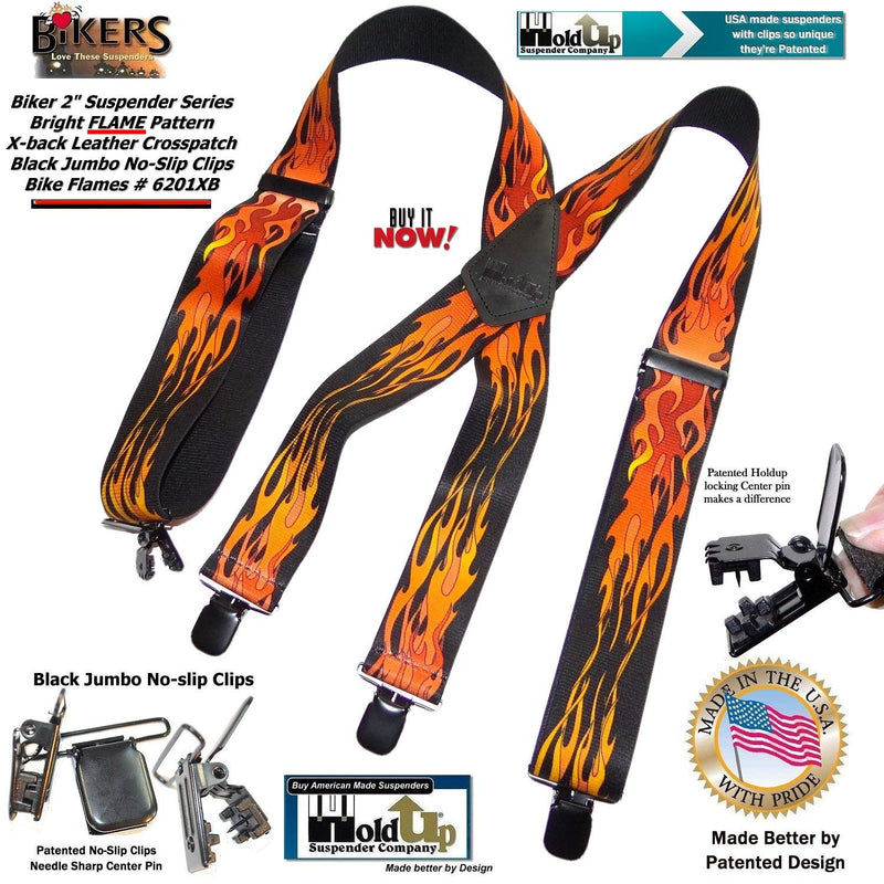 [Australia] - Holdup Suspender Company Flame Pattern 2" wide Biker Suspenders with Patented Jumbo black no-slip Clips 