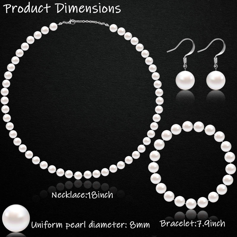 [Australia] - Faux Pearl Jewelry Set Simulated Pearl Necklace Bracelet Earrings for Women Girls White 6 mm 