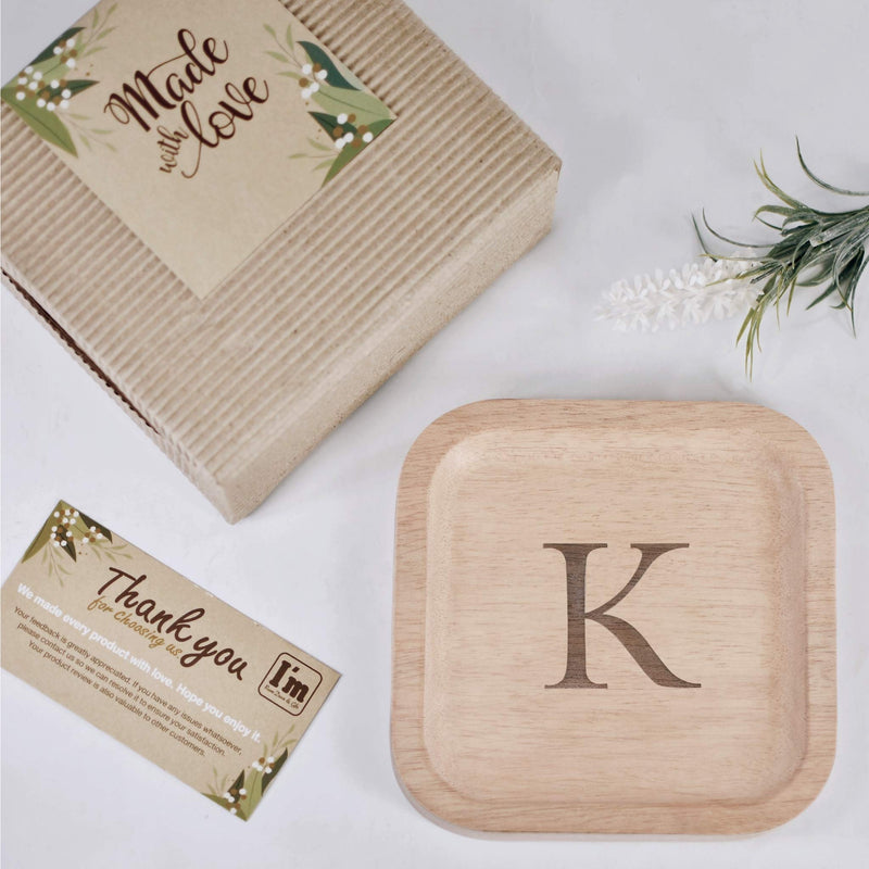 [Australia] - Solid Wood Personalized Initial Letter Jewelry Display Tray Decorative Trinket Dish Gifts For Rings Earrings Necklaces Bracelet Watch Holder (6"x6" Sq Natural "K") ุ6"x6" Sq Natural "K" 