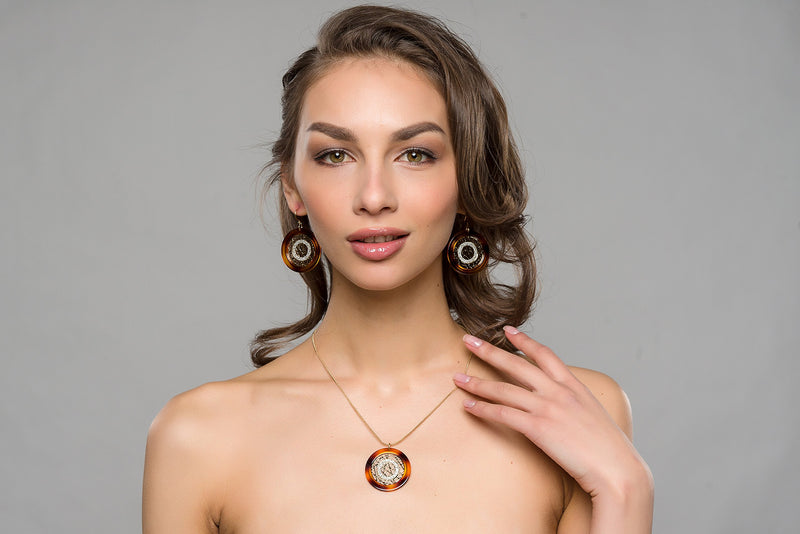 [Australia] - Lova Jewelry Disco Style Funky Orange Disk Golden Tone Metal Necklace Earrings Set 