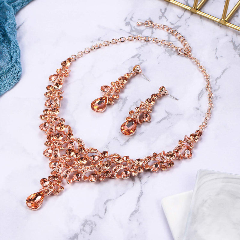 [Australia] - BriLove Wedding Jewelry Sets for Brides Rhinestone Crystal Teardrop Cluster Y-Shaped Neckalce Dangle Earrings 10-Peach Morganite Color Rose-Gold-Tone 