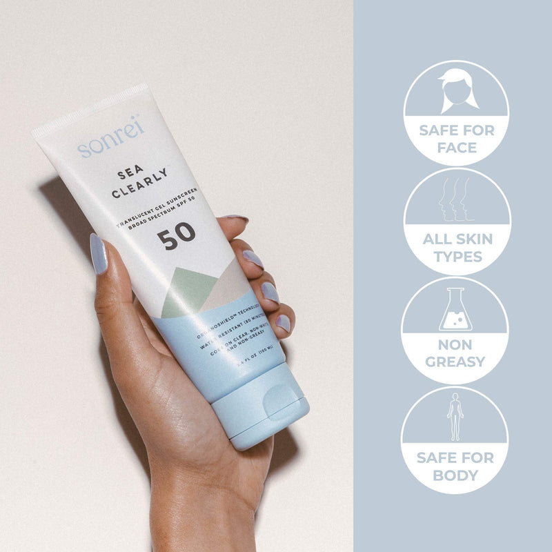 [Australia] - Sonrei Sea Clearly Premium SPF 50 Clear Face and Body Sunscreen Gel | UVA, UVB & Antioxidant Enriched, Reef Safe, UV Protection, Vegan, GMO & Gluten Free - 3.4 Fl Oz (1 Pack) 3.4 Fl Oz (Pack of 1) 