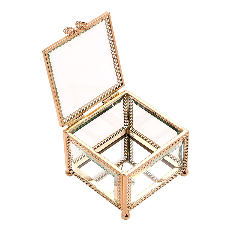 [Australia] - X-nego Handmade Art Gold Glass Jewelry Box Mirrored Keepsake Box Ornate Ring Earring Box for Girls Romantic Gift square 