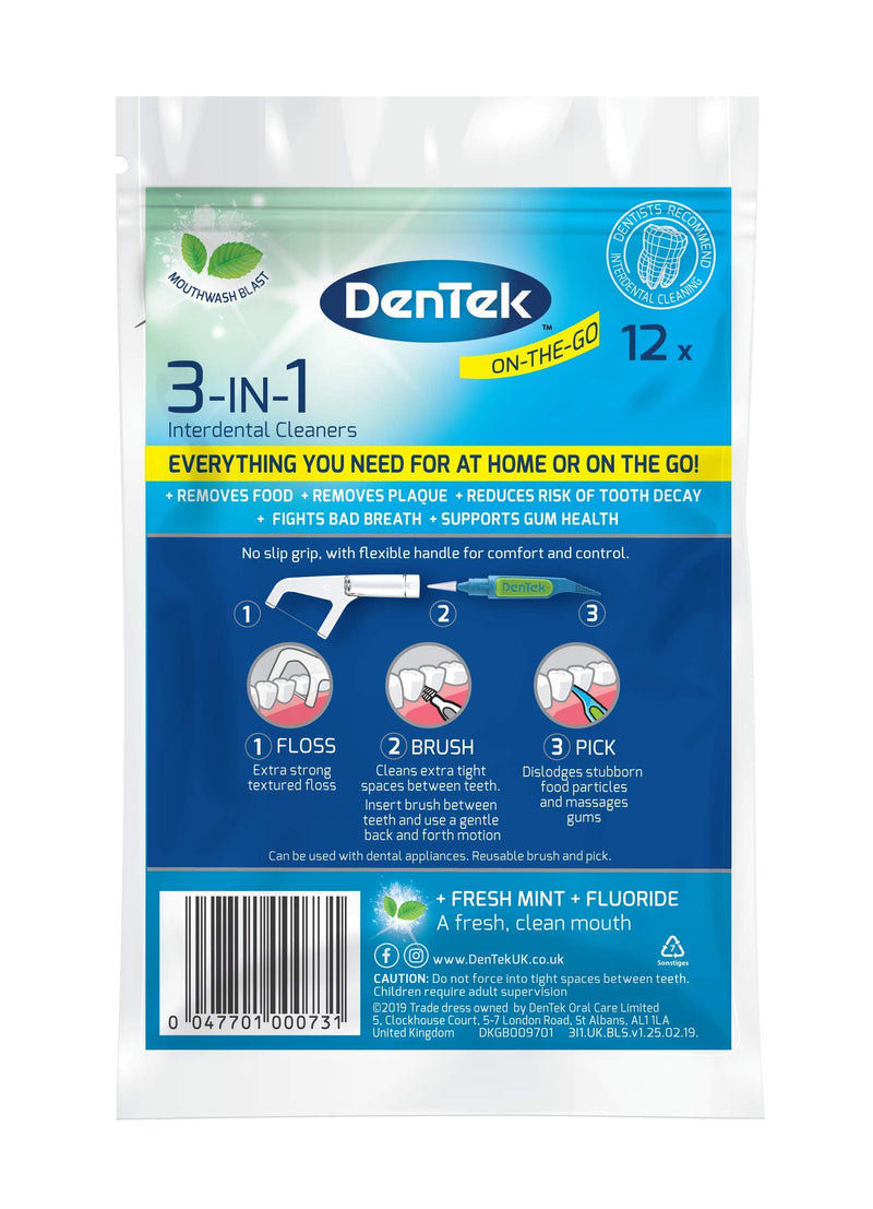 [Australia] - DenTek 3-in 1 Interdental Cleaners - Features an Interdental Brush, Floss and Pick All in One, 12 Pack 