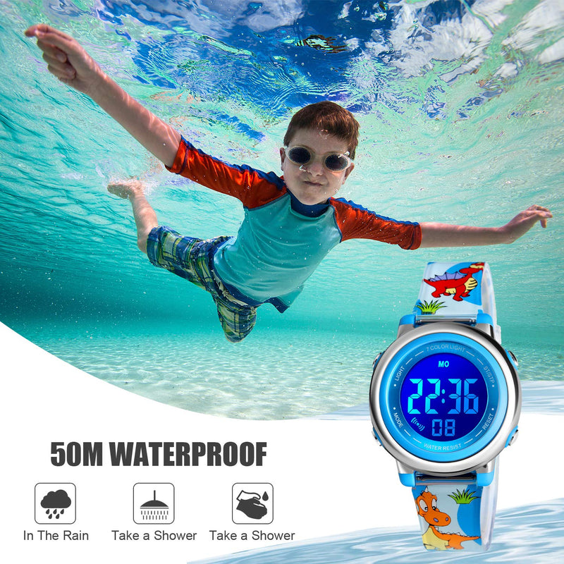 [Australia] - Kids Digital Watch, Boys Sports Waterproof Led Watches Kids Watches with Alarm Wrist Watches for Boy Girls Children 7Color Blue Dinosaurs 