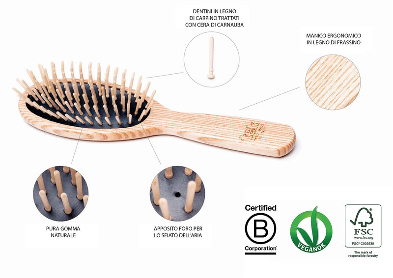 [Australia] - TEK - Small Oval Wooden Brush Handmade in Italy, Universal for Handbag - 15.5 x 4.7 cm Small Oval, Short Tooth 