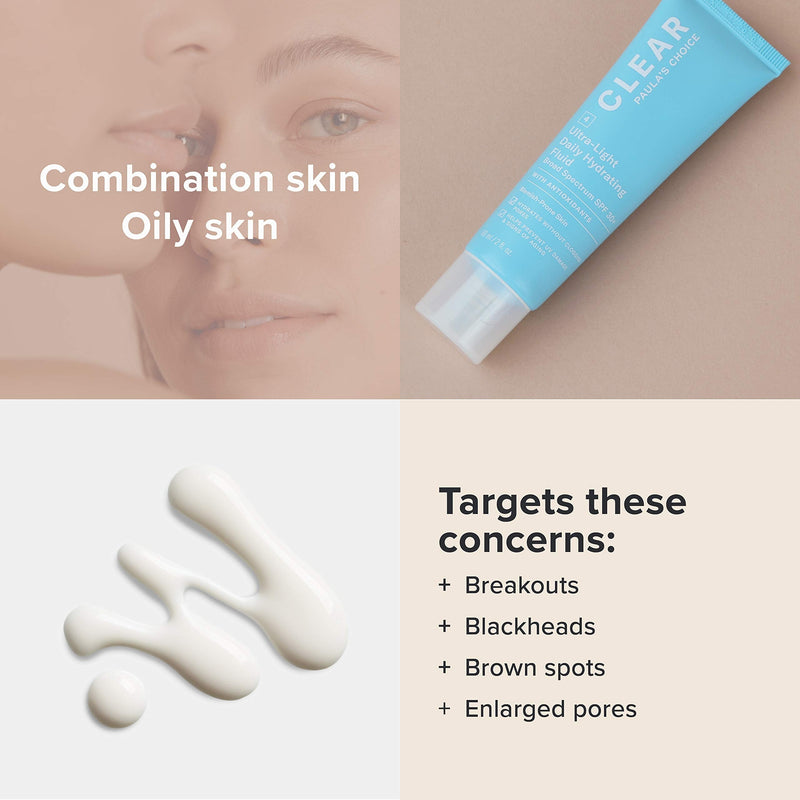 [Australia] - Paula's Choice Clear Light Hydrating Fluid SPF 30 - Non Greasy Mattifying Face Moisturiser - Fights Blemishes, Blackheads & Pores - with Vitamin E - Combination to Oily & Acne Prone Skin - 60 ml 