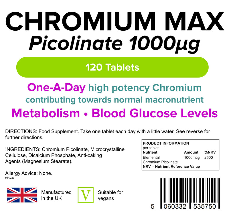 [Australia] - Lindens Chromium Max 1000mcg Picolinate - 120 Tablets | Detox, Metabolism, Blood Glucose, | Mega Potency (2500% NRV) | 4 Months Supply, UK Manufacturer, Letterbox Friendly, Vegan 