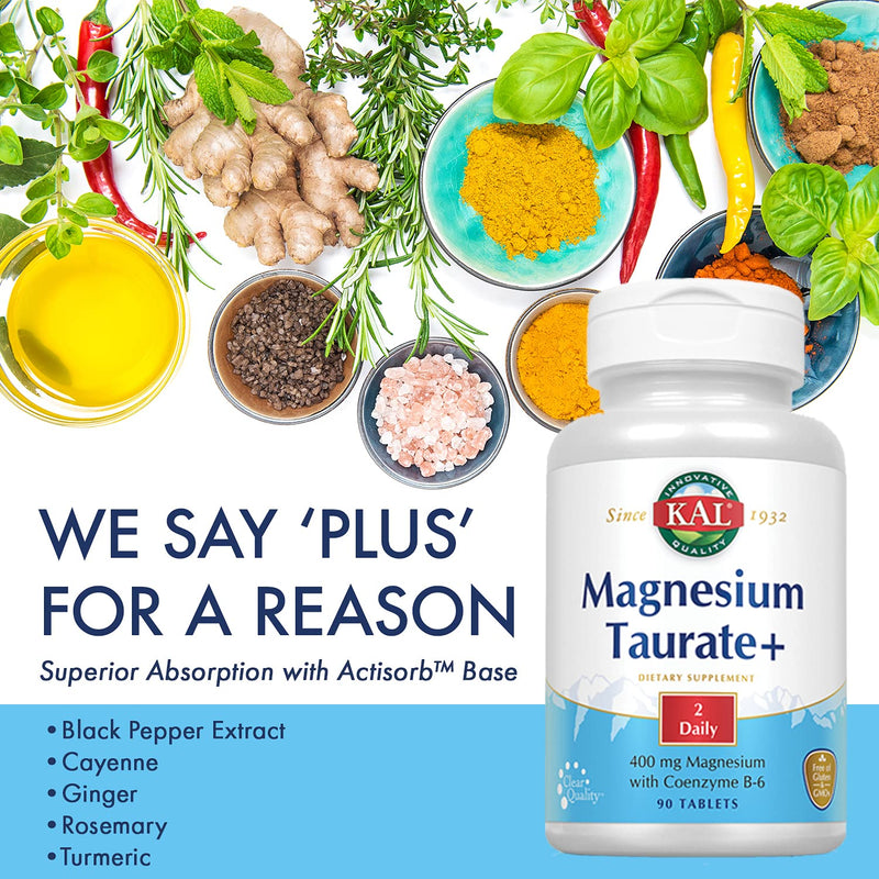 [Australia] - KAL® Magnesium Taurate Plus 400mg w/Coenzyme B6 | Highly Bioavailable, Chelated, Vegan | for Normal Nerve, Muscle Function and Heart Health | 90 Tabs 90 Count (Pack of 1) 