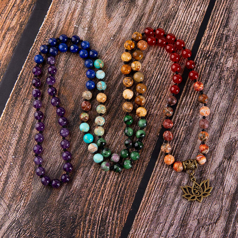 [Australia] - Farfume 7 Chakra 108 Mala Beads Bracelet Real Healing Gemstone Yoga Meditation Hand Knotted Mala Prayer Bead Necklace … Lotus OM-6mm Beads 