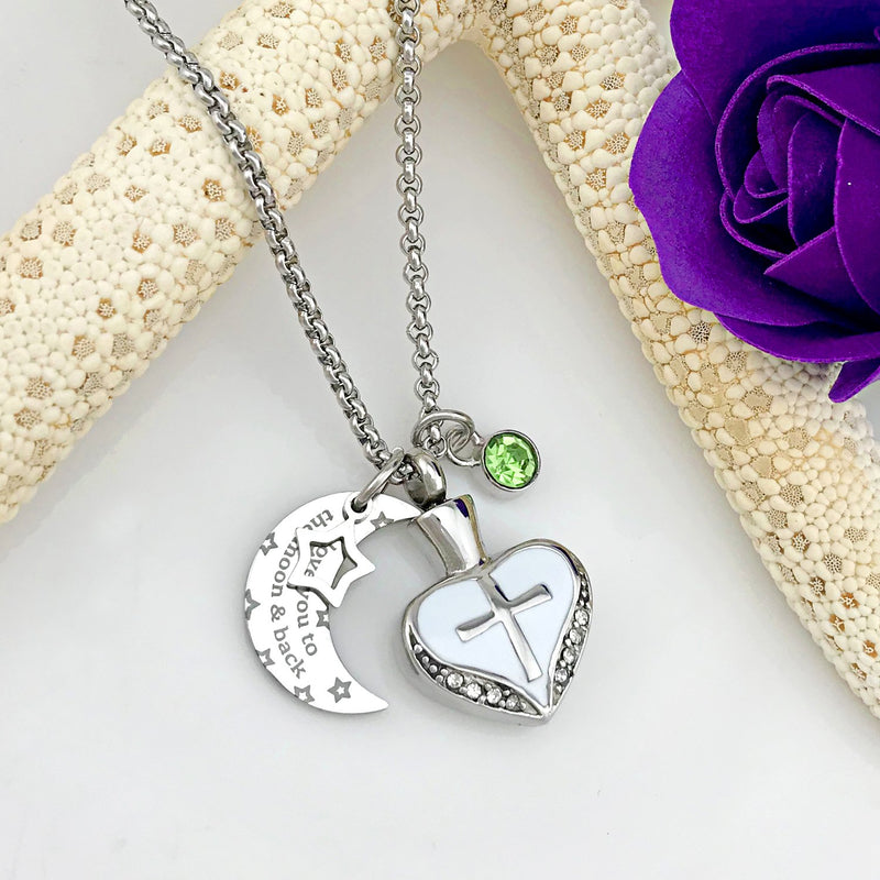 [Australia] - YOUFENG Urn Necklaces for Ashes I Love You to The Moon and Back Cross Necklace Birthstone CZ Keepsake Pendant August birthstone urn 
