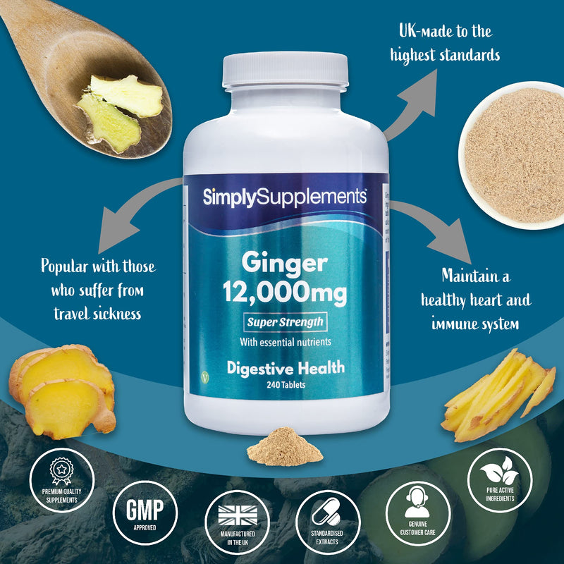 [Australia] - Ginger Tablets | Incredible 12000mg in Every Dose | Vegan & Vegetarian Friendly | Popular Supplement for Healthy Digestion & Travel Sickness | 240 Tablets = Up to 8 Month Supply | Manufactured in the UK 
