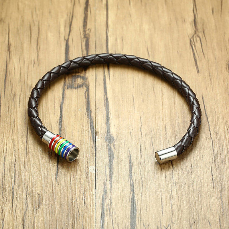 [Australia] - Nanafast Titanium Stainless Steel Magnet Rainbow LGBT Pride Handmade Braided Bracelet PU Leather Weave Plaited Jewelry 2 Pack (7.48" Lesbian/Female)) 