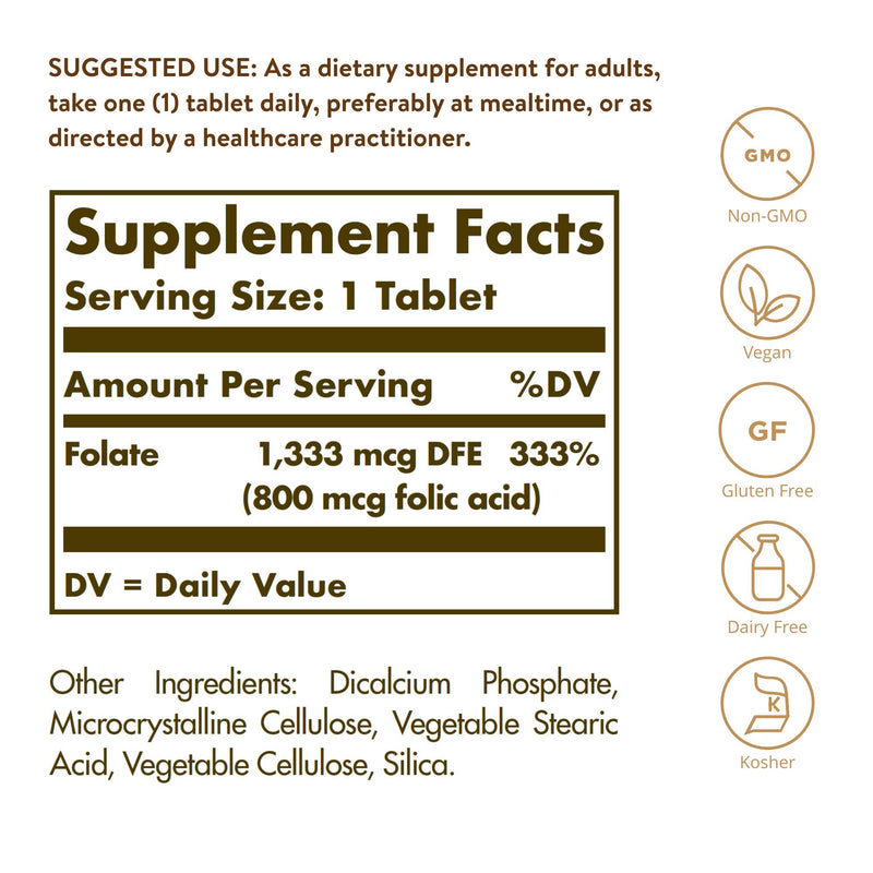 [Australia] - Solgar Folate 1,333 MCG Dietary Folate Equivalent (800 mcg Folic Acid), 250 Tablets - Heart Health, Healthy Nervous System, Prenatal Support - Non-GMO, Vegan, Gluten Free, Dairy Free - 250 Servings 250 Count (Pack of 1) 