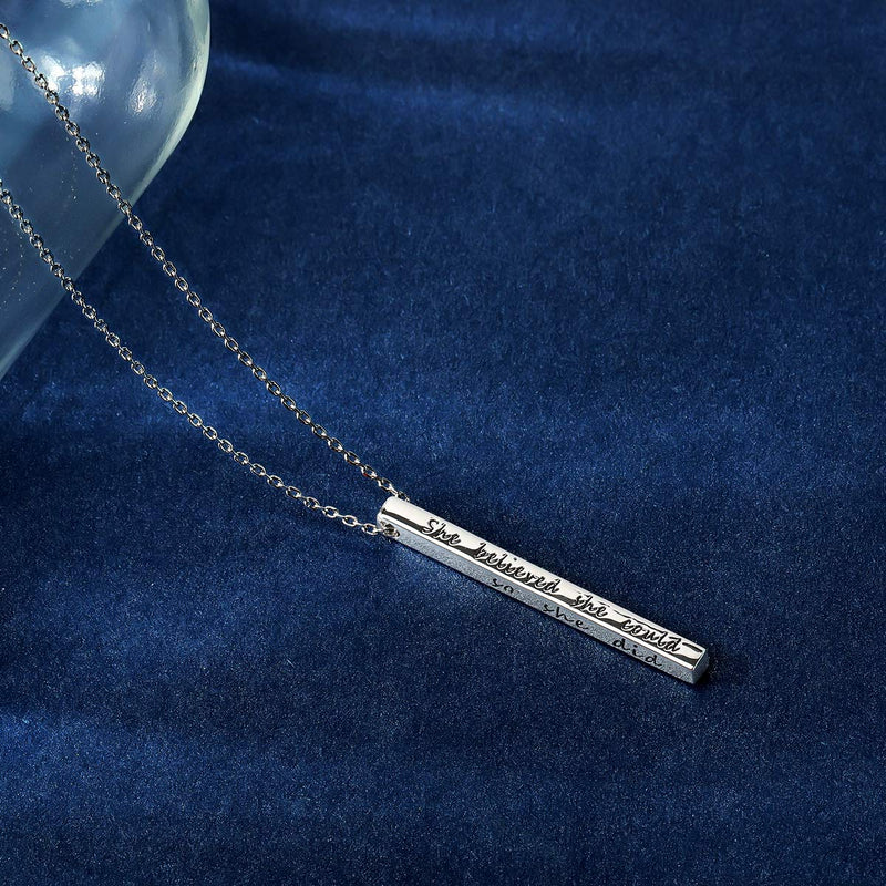 [Australia] - SIMPLGIRL Inspirational Bar Necklace for Women, 925 Sterling Silver OR 18K White Gold Plated Personalized Vertical Bar Necklaces 18"+ 2" She Believed She Could So She Did(18K white gold plated) 