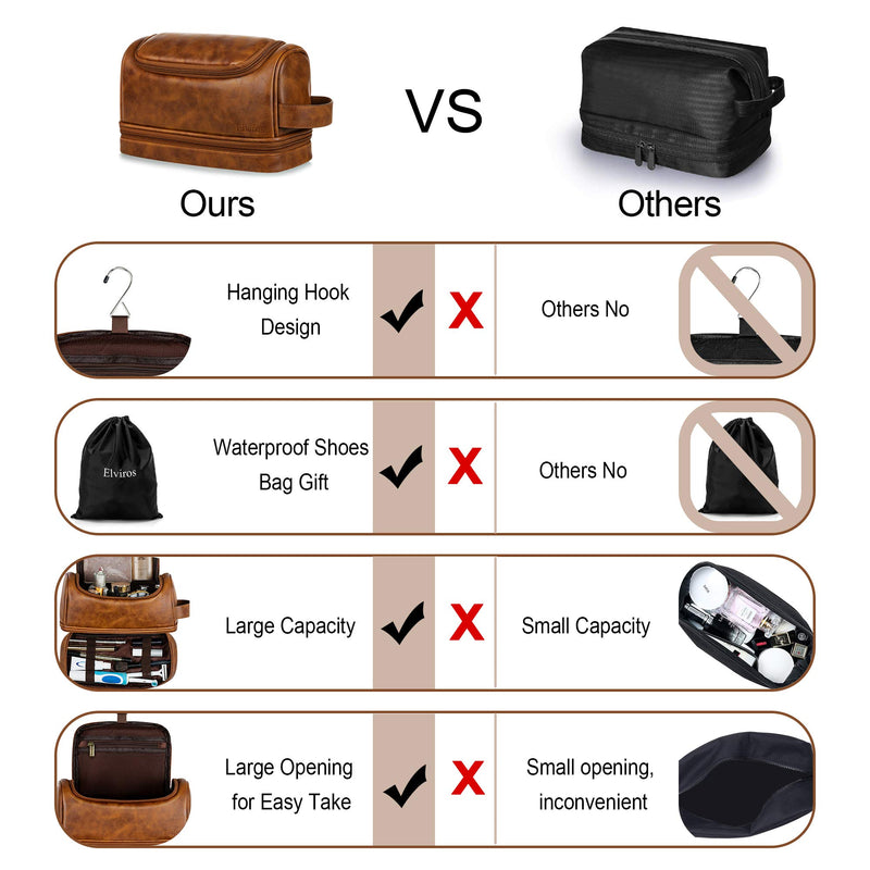 [Australia] - Elviros Toiletry Bag, Mens Leather Travel Organizer Kit with hanging hook, Large Water-resistant Toiletries Bathroom Shaving Bags for Women, and one Drawstring Shoes Bag (Brown) Brown 