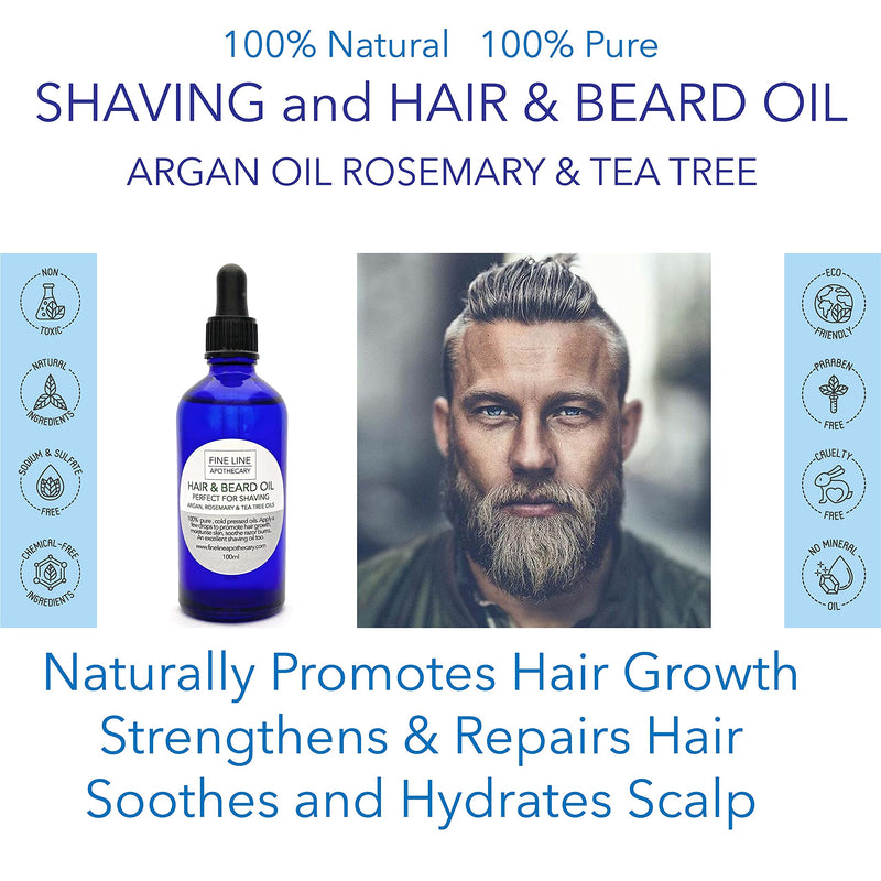 [Australia] - SHAVING and HAIR & BEARD OIL - 100% Natural ARGAN OIL with ROSEMARY & TEA TREE - 100ml by Fine Line Apothecary - CONDITIONS, SOFTENS, NOURISHES Beard, Skin and Hair. Promotes Beard and Hair Growth. 
