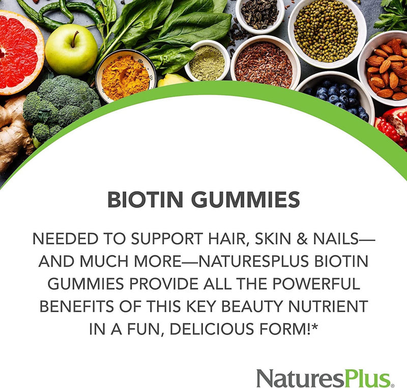 [Australia] - NaturesPlus Gummies Biotin Raspberry Flavour - Hair and Skin Support, Brain, Metabolism, Immune, Energy Boost - Vegan, Gluten Free, Non-GMO - 60 Gummies 
