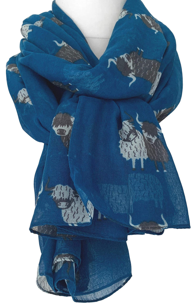 [Australia] - Purple Possum® Cow Scarf Ladies Highland Cows Cattle Lightweight Shawl Cute Wrap Blue 