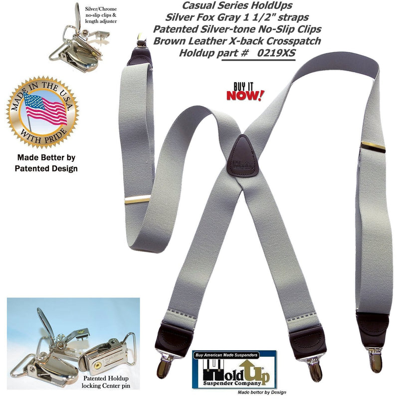 [Australia] - HoldUp Brand Silver Fox Gray X-back Suspenders are 1 1/2" Wide with patented No-slip Silver-tone Clips 